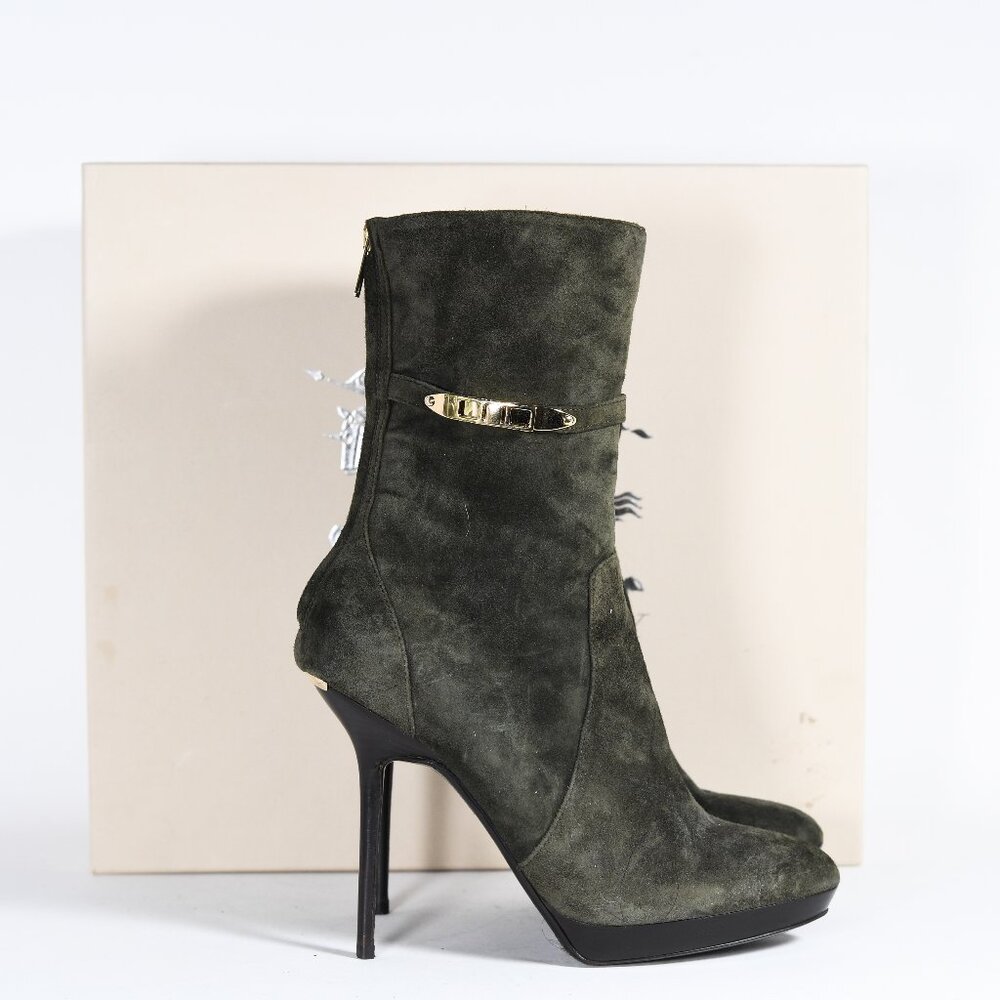 Burberry Olive Suede Ankle Boots with Gold Accents Size 37.5 Stiletto Heel